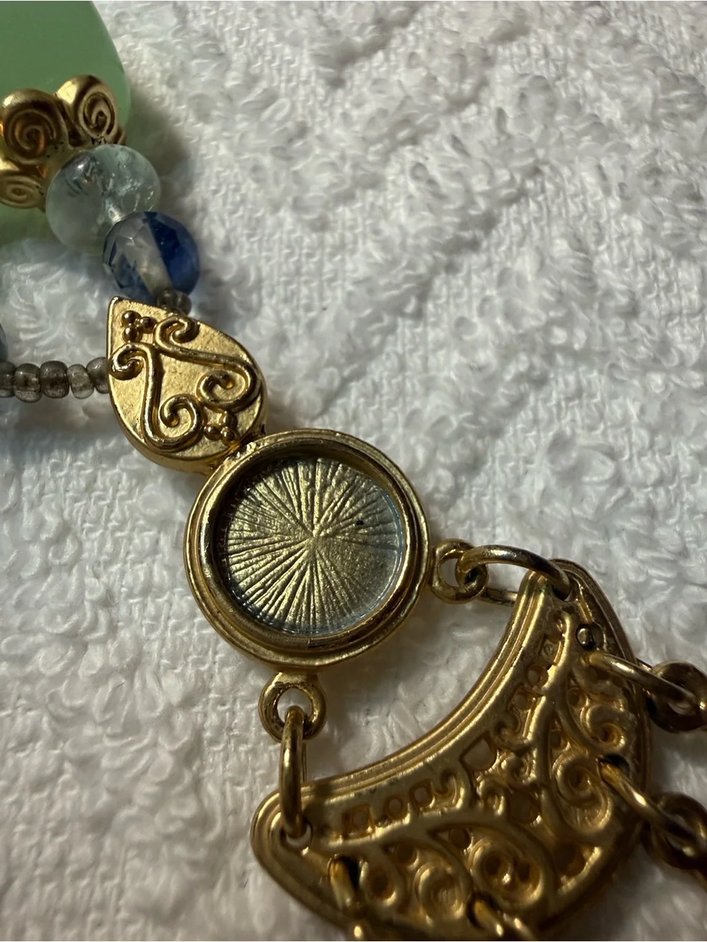 George Gold-Tone Filigree Pendant Necklace with Mint Green and Blue Glass Beads